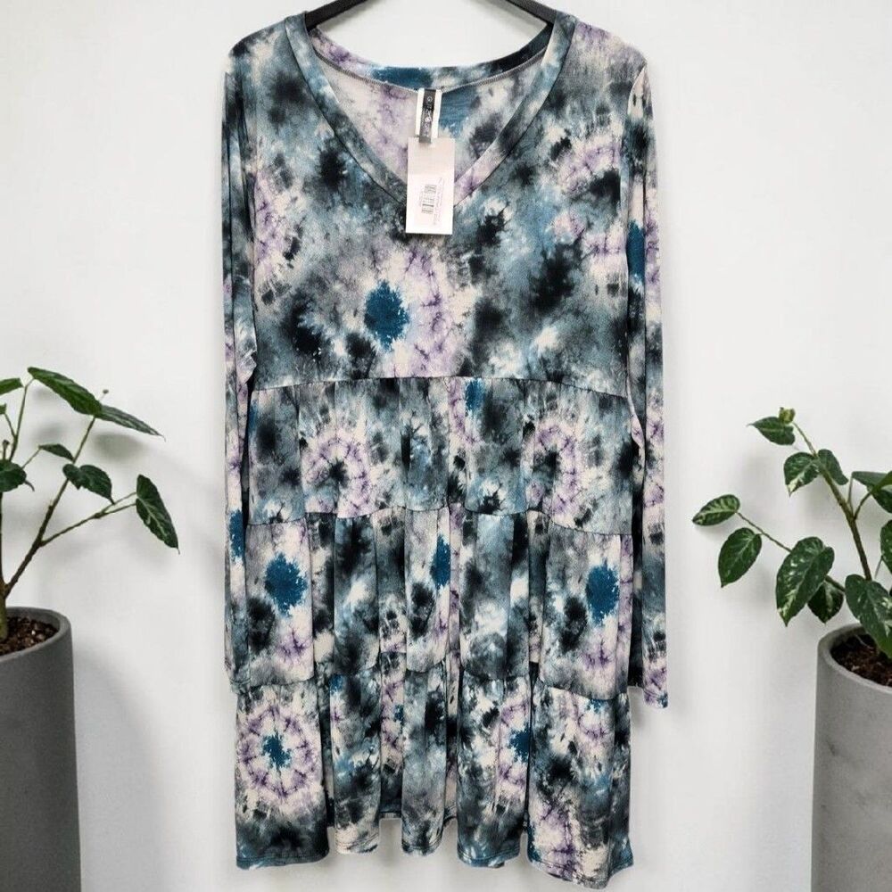 Glitzy Girlz Tie Dye Tiered Dress Womens 2XL Teal Purple Long Sleeves Whimsigoth